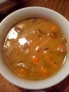 Bean, sausage, kale, carrot, shimeji soup